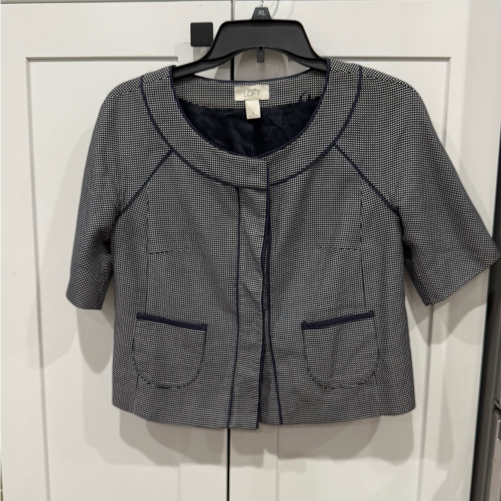 Ann Taylor Loft Navy Blue & White Houndstooth Short Sleeve Jacket